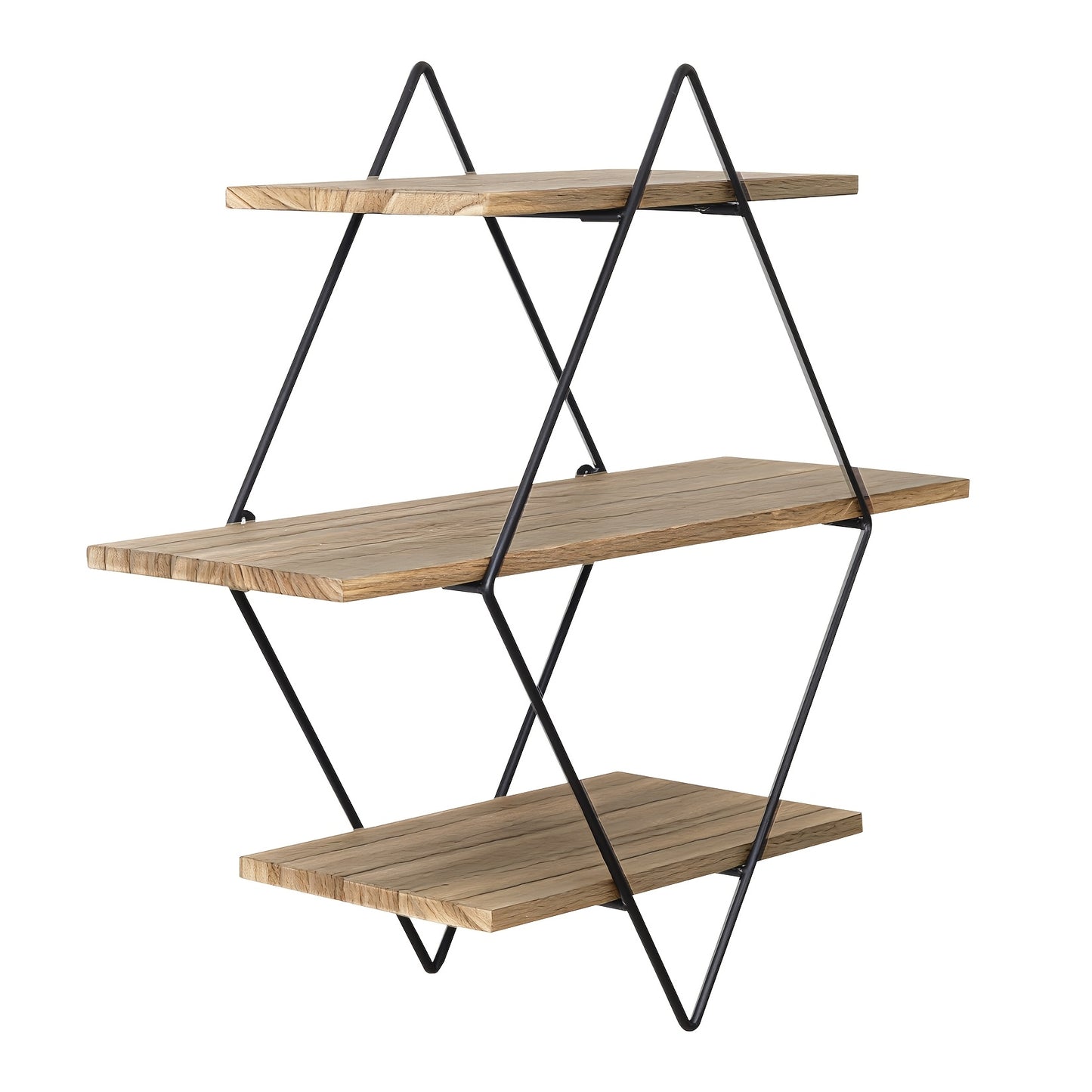 Three-Level Geometric Diamond-Shaped Wall Shelves Made of Metal Wire And Wood, Perfect for Displaying Items in Your Living Room Or Kitchen, Floating Shelves