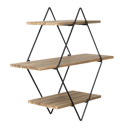 Three-Level Geometric Diamond-Shaped Wall Shelves Made of Metal Wire And Wood, Perfect for Displaying Items in Your Living Room Or Kitchen, Floating Shelves
