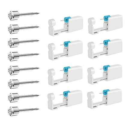 Disposable Ear Piercing Gun Set 8pcs - Stainless Steel Ear Stud Piercing Tool Kit, Safe Portable Self-Piercing Device with Hypoallergenic Earrings for Home Use, Silver & Gold