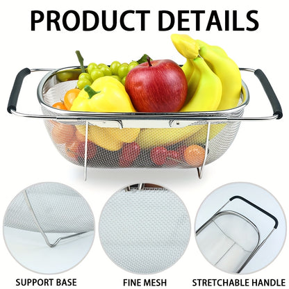 Expandable Stainless Steel Filter Over the Sink Colander - Strainers and Colanders - Sink Strainer Basket - Expandable Fine Mesh Strainer with Rubber Grip for Veggie, Fruits, Pasta, Home Kitchen Essentials