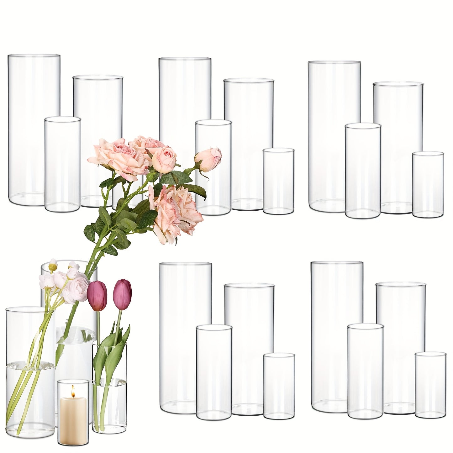 TOMNK 12/24/48pcs Clear Glass Cylinder Vases, 4, 6, 8, 10 Inch Tall Cylinder Vases for Centerpieces, Glass Flower Vase, Hurricane Floating Candle Holder Vase for Kitchen, Party, Wedding, Home Decor, for Valentines Decorations, Halloween, Christmas