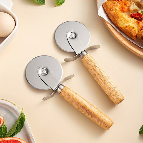 Stainless Steel Pizza Wheel Cutter with Wooden Handle - Durable, Easy-Grip Slicer for Pizza, Biscuits, Noodles | Ideal Kitchen Gadget for Perfect Serving