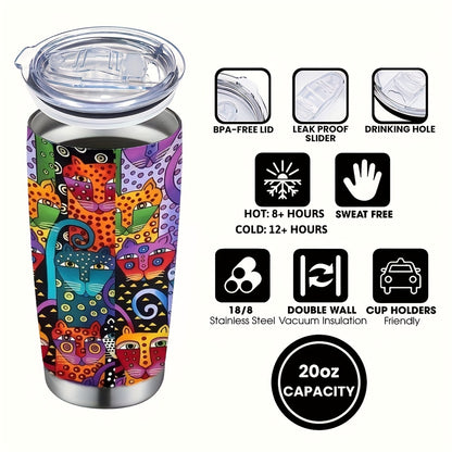 Abstract Cat Graphic Coffee Mugs, 304 Stainless Steel Insulated Tumbler with Lid & Straw, Beverage Container & Travel Cup for Hot & Cold Drinks, 20oz Camping Drinkware, Ideal Gift for Birthday, Parties, Holiday, Halloween, Christmas, Thanksgiving Day
