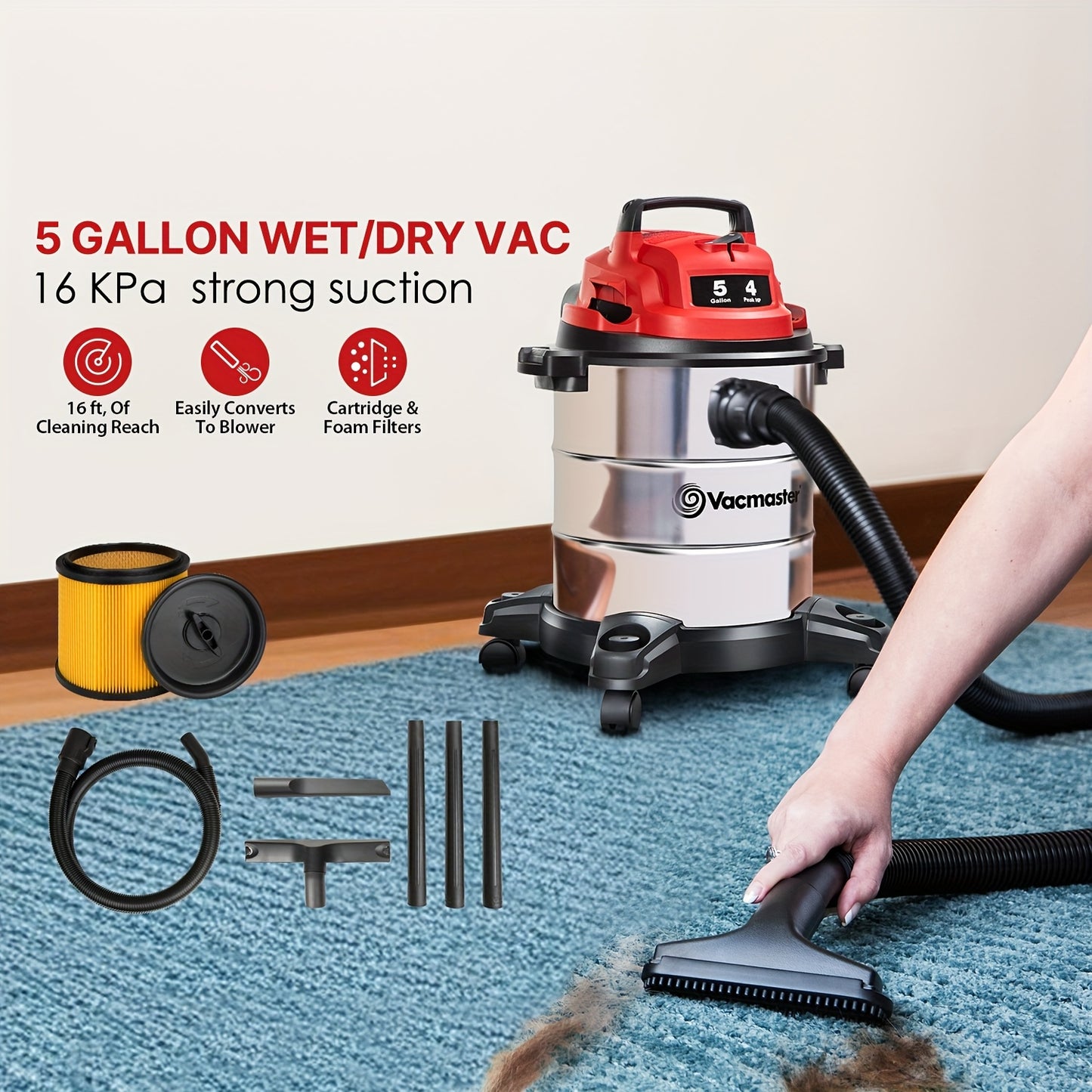 Shop Vac 5 Gallon/8 Gallon Premium Stainless Steel Wet Dry Vacuum Cleaner 10ft Power Cord 16KPa/20KPa Powerful Suction with Blower Function for Dog Hair, Garage, Car, Home & Workshop