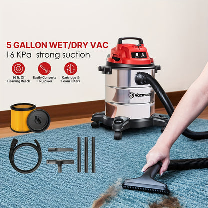 Shop Vac 5 Gallon/8 Gallon Premium Stainless Steel Wet Dry Vacuum Cleaner 10ft Power Cord 16KPa/20KPa Powerful Suction with Blower Function for Dog Hair, Garage, Car, Home & Workshop