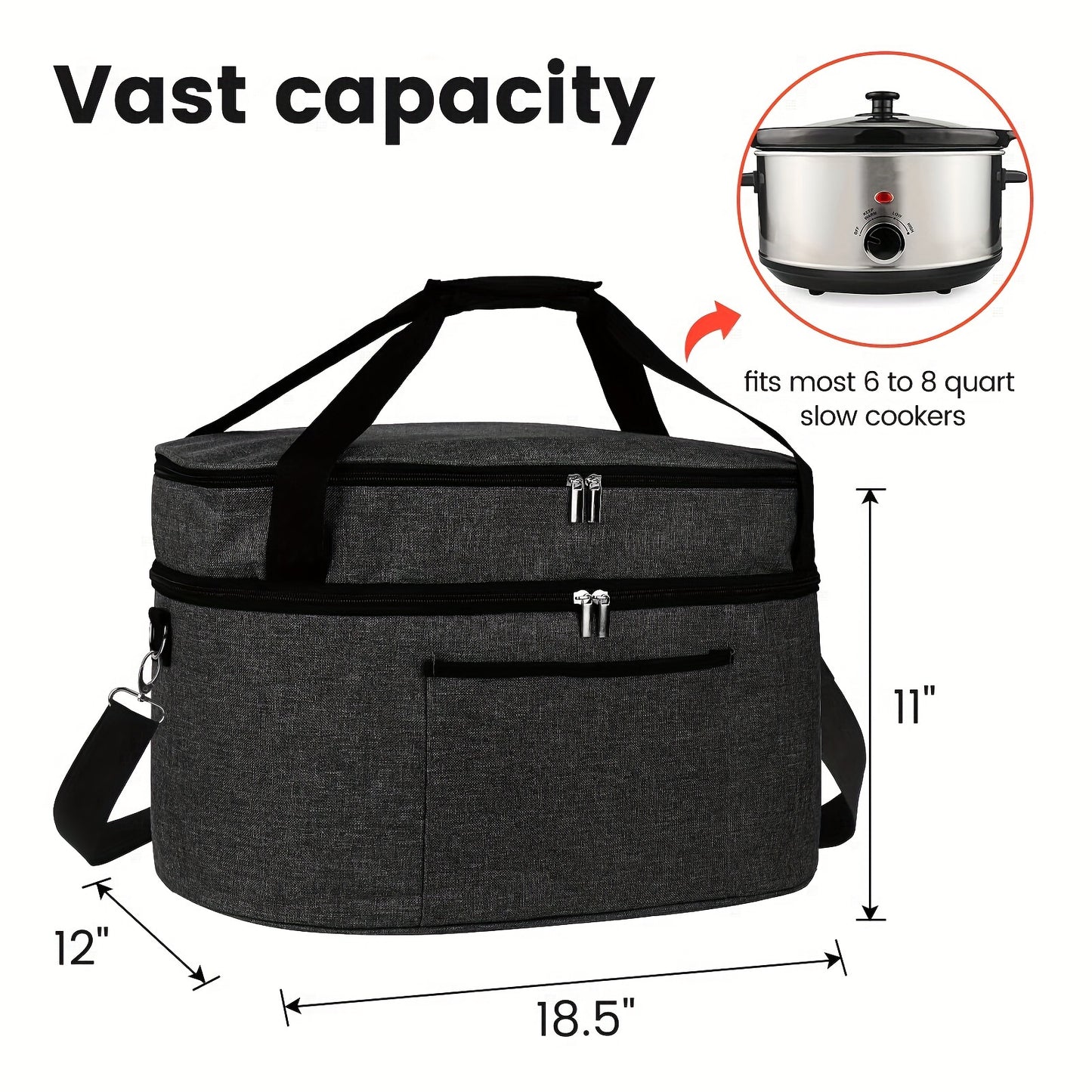 2 Layer Slow Cooker Bag for 6-8 Quart, Travel Reunionc Outdoor, Easy to Transport Insulation Water Proof Easy Cleaning to Carry, Family Gathering Potluck, Gift for Women - Black And Grey