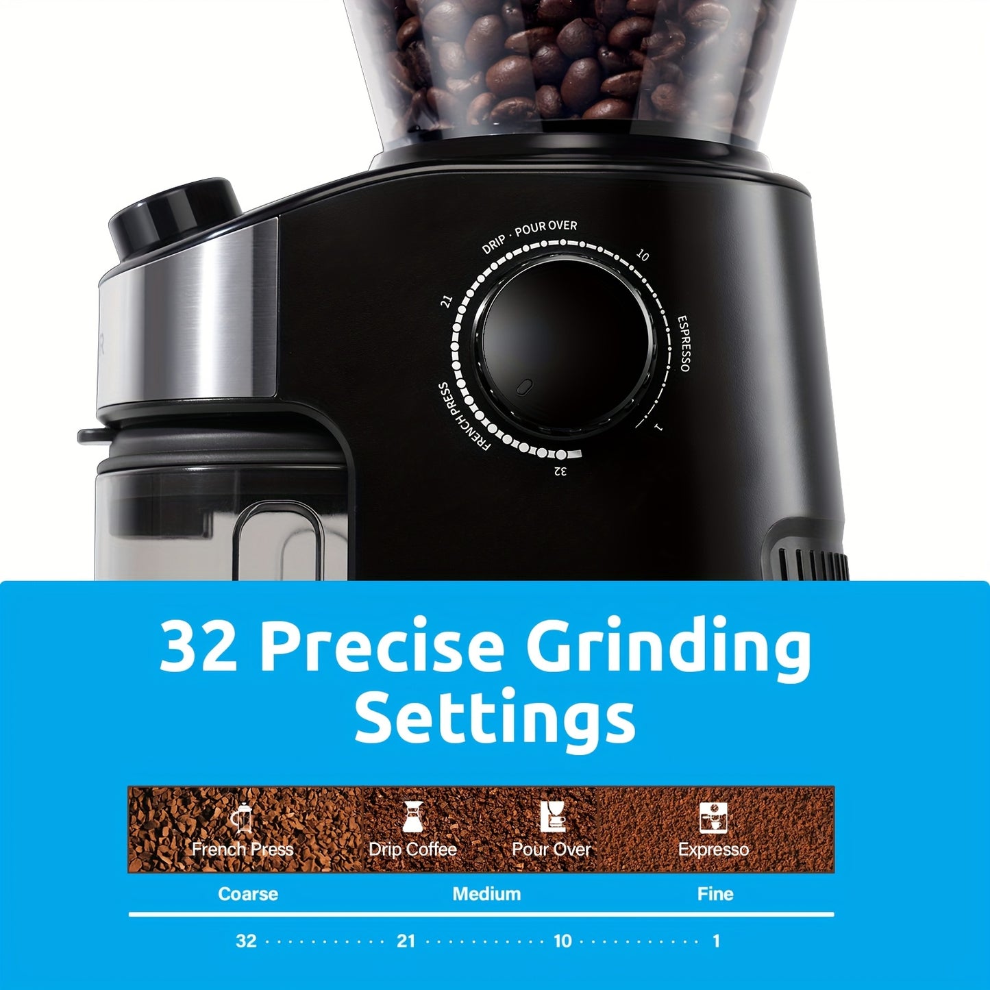 Burr Coffee Grinder Electric – Automatic Coffee Bean Grinder with 40-Second Digital Timer, 25 Precise Grind Settings, Adjustable Burr Mill for Espresso, Drip, French Press & Pour Over – Black