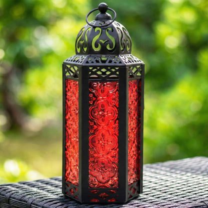 Moroccan Candle Lantern Holder - Decorative Metal & Glass Lantern with Embossed Floral Design for Indoor Home Decor, Garden, Patio, Weddings, Ramadan, Halloween & Holiday Celebrations - 10.5" Tall Medium Size