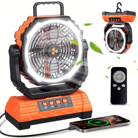 Cold Air Battery Powered Fan with 4LED Lantern, 20000mAh Dual Motor Camping Fan, 4-Speed Adjustable Desktop Fan with Hook, Remote Control Portable Outdoor Fan Suitable for Tents, Power Outages and Construction Sites