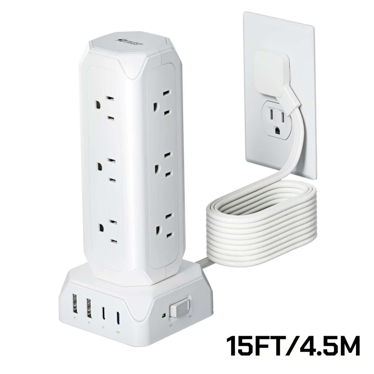 [Power Strip Tower] 16in 1 Surge Protector Power Strip Tower with 4 USB Ports(USB-C/PD20W) 12 Outlets, 10/15ft Extension Cord, 1800J Protection Desktop Charging Station for Office School Dorm Room Essentials