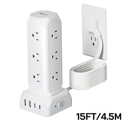[Power Strip Tower] 16in 1 Surge Protector Power Strip Tower with 4 USB Ports(USB-C/PD20W) 12 Outlets, 10/15ft Extension Cord, 1800J Protection Desktop Charging Station for Office School Dorm Room Essentials