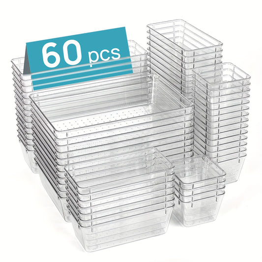 60pcs Table And Drawer Storage, Office Storage And Organization Drawer, 4-Size Desk Organiser Drawers, Clear Plastic Storage Bins for Office, Desk & Drawer Organizer for Home Storage