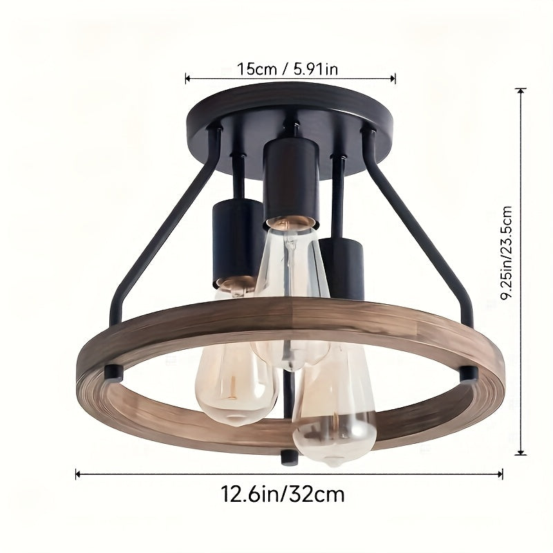 Contemporary Farmhouse Semi-Flush Ceiling Lamp - 3-Bulb Wooden And Metal Design, Rustic Industrial Lighting for Hallways/Entrances Suitable for Kitchen, Bedroom, Dining Area, Laundry Room (Bulb Not Included)