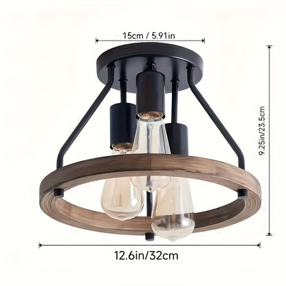 Contemporary Farmhouse Semi-Flush Ceiling Lamp - 3-Bulb Wooden And Metal Design, Rustic Industrial Lighting for Hallways/Entrances Suitable for Kitchen, Bedroom, Dining Area, Laundry Room (Bulb Not Included)