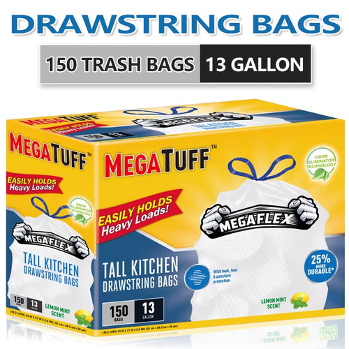 Boxed Disposable Non Tear Garbage Bags 50 Bags/Roll Puncture Tear Resistant Trash Bags, 30/13 Gallon Capacity, ODOR ELIMINATORTECHNOLOGY Kitchen Drawstring Garbage Bags Fresh Clean Scent With Lemon Mint Scent, EASY TO USEDRAWSTRINGS MORE DURABLE