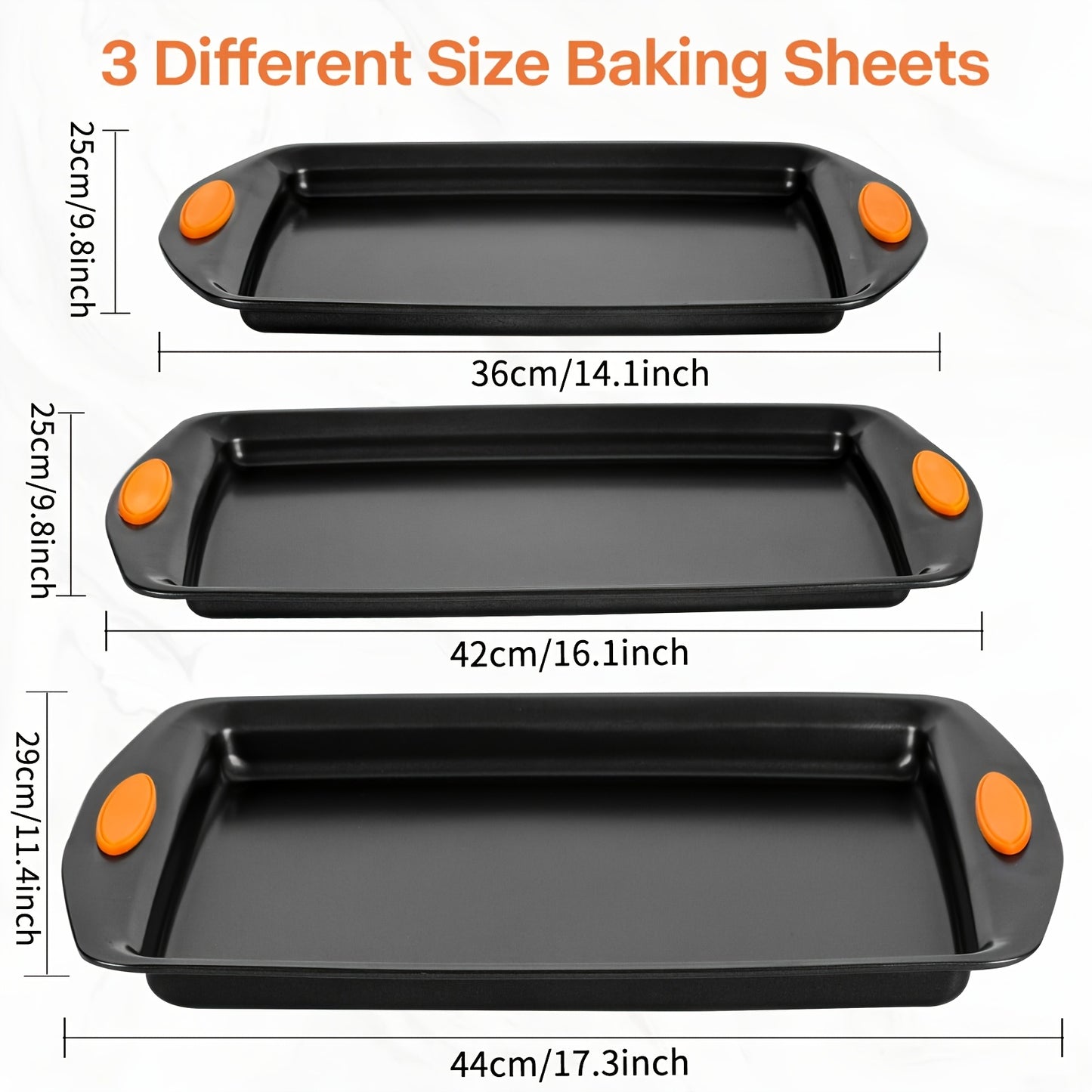 2/6pcs Non-Stick Baking Sheet Set, Assorted Size Cookie Trays with Orange & Blue Silicone Handles, In Gray, Black & Golden, Stackable Bakeware for Baking & Roasting