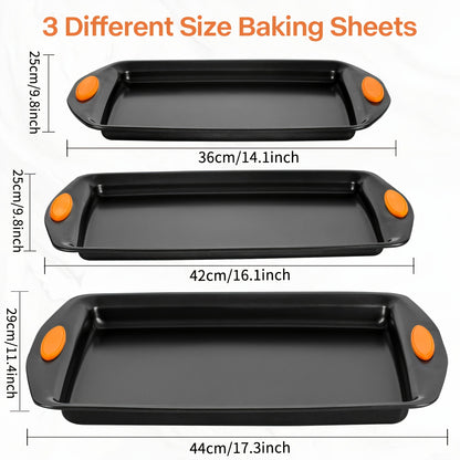2/6pcs Non-Stick Baking Sheet Set, Assorted Size Cookie Trays with Orange & Blue Silicone Handles, In Gray, Black & Golden, Stackable Bakeware for Baking & Roasting