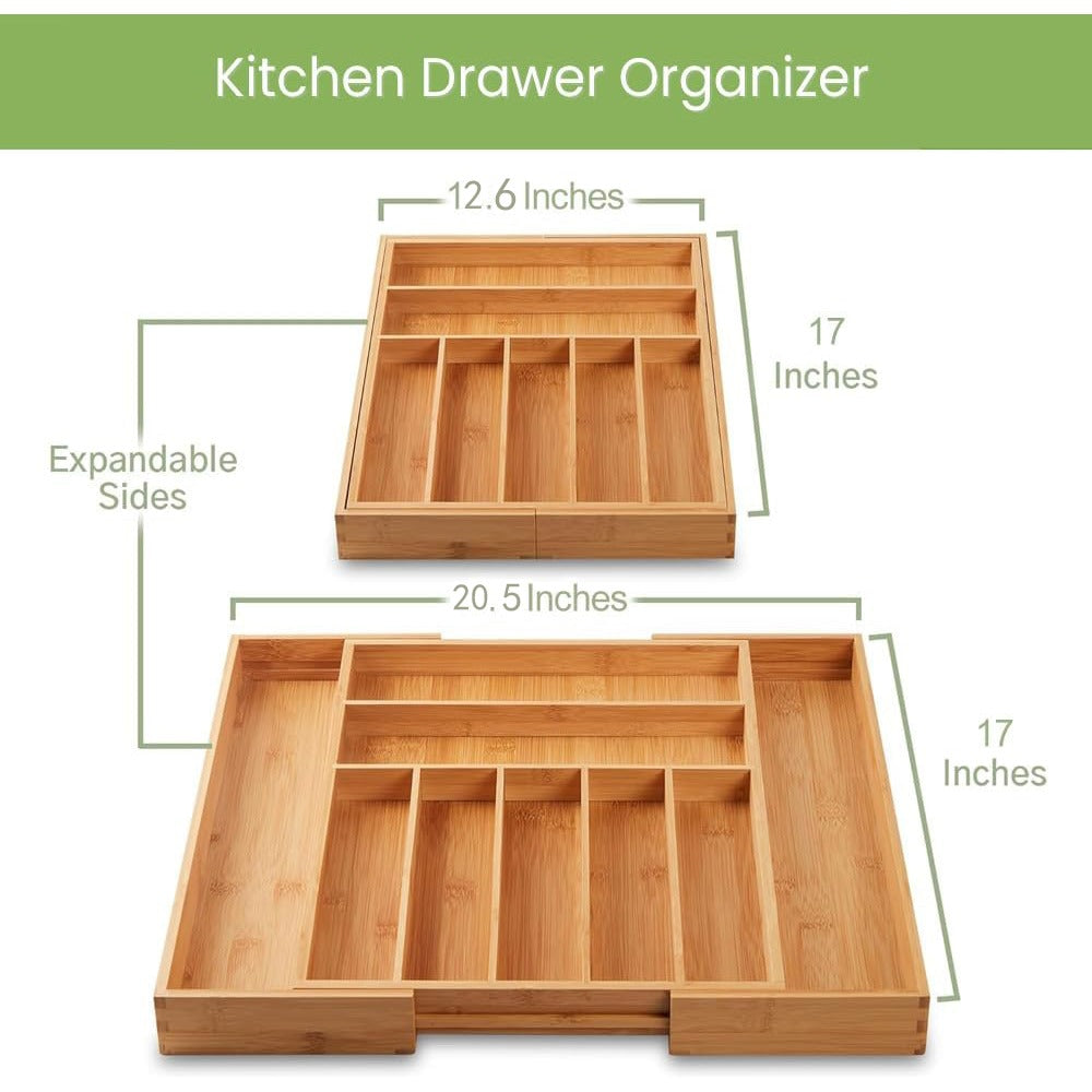 Bamboo Drawer Organizer Expandable - Adjustable Silverware Tray, Cutlery And Utensil Holder for Kitchen Drawer, Multi-Use Storage Tray for Office, Home
