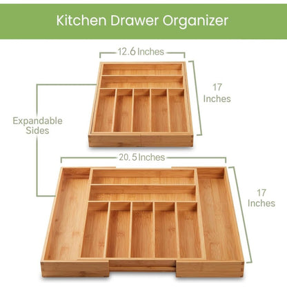 Bamboo Drawer Organizer Expandable - Adjustable Silverware Tray, Cutlery And Utensil Holder for Kitchen Drawer, Multi-Use Storage Tray for Office, Home