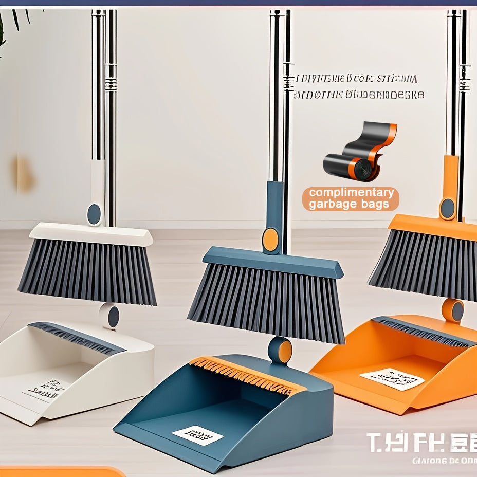2pcs Set 3-in-1 Rotatable & Foldable Magnetic Broom, Dustpan & Garbage Bag Set with Enlarged Thickened Soft Bristle Broom - Non-Stick Pet Hair Cleaning for Hard Floors, Blue/Orange/White, Space-Saving Design for Living Room, Bedroom, Bathroom, Outdoor Use