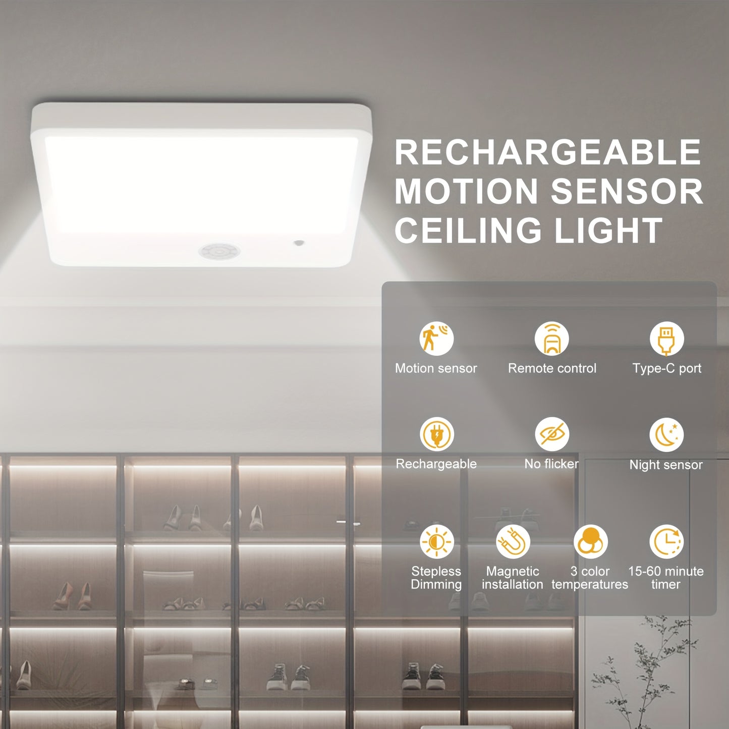 1/2pcs Rechargeable Ceiling Light, Motion Sensor Ceiling Light, Wireless LED Closet Light, Rechargeable Battery Powered, 3 Adjustable Color Temperatures, Remote Control, No Wiring Required for Bathroom, Staircase, Garage, Hallway, Kitchen, Pantry