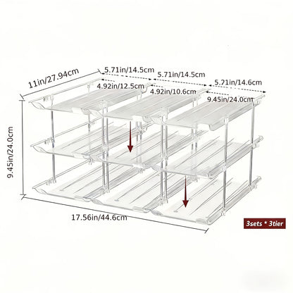 3-Tier Can Organizer Rack for Pantry Fridge 36-Capacity Stackable Rolling Soda Can Storage, Clear Plastic, Space-Saving Automatic Rolling Canned Food Organizer (3 Sets)