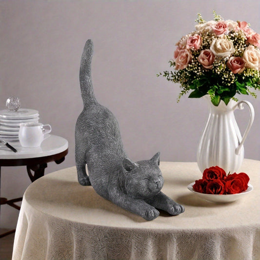 Hand-Painted Stretching Yoga Cat Statue - Elegant Grey Resin Figurine, Indoor/Outdoor Decor for Home, Office, Garden - Perfect Gift for Cat Lovers (No Electricity Needed), Indoor Ornament, Stylish Ornament, Highquality Finish, Decorative Sculpture, Home D