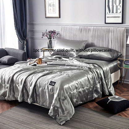 1pc Ultra-Soft Cooling Satin Quilt - Light Gray, Breathable & Smooth Summer Bedding for Home, Dorm, or Hotel Use, Machine Washable, Pillowcase Not Included, Contemporary Style, Dorm Room Essentials | Modern Bedroom Decor | Satin Weave Quilt