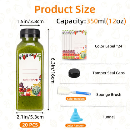 20pcs/36pcs/56pcs/100pcs Juice Bottles, 12/16oz Plastic Bottles With Lids, Reusable Clear Containers For Juice, Smoothies, Cola, Water And Other Beverages, Summer. Funnel & Brush (Color Random).