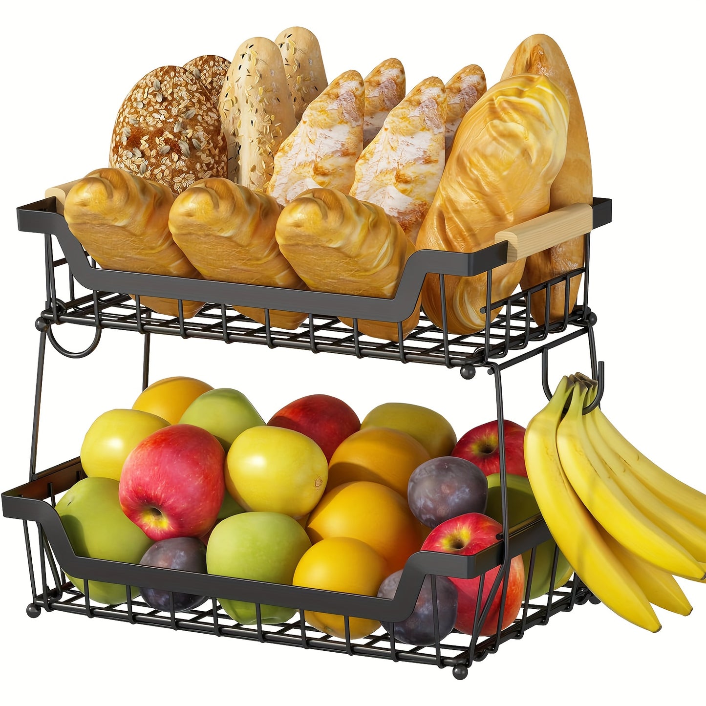 2-Tier Countertop Fruit Basket With 2 Banana Hangers For Kitchen, Detachable Metal Organizer For Bread Vegetable Fruits With Wooden Handle, Large Capacity Rectangular Storage Stand Bowls, Black
