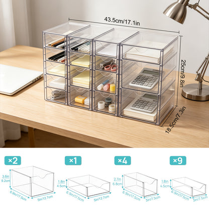 Clear Acrylic Drawer Organizer with 8 or 16 Drawers - Stackable Desktop Storage for Makeup, Jewelry, Office Supplies & Art Crafts, Modular Desk Organizer Set for Home & Office
