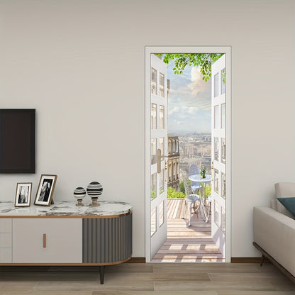 35.43*78.74inch Push Open Door Balcony Scenery Door Sticker, Removable, Waterproof, Large Home Wall Sticker, Bedroom Living Room Mural, Peel And Stick Wallpaper, Wall Decoration, Wall Art, Home Creativity
