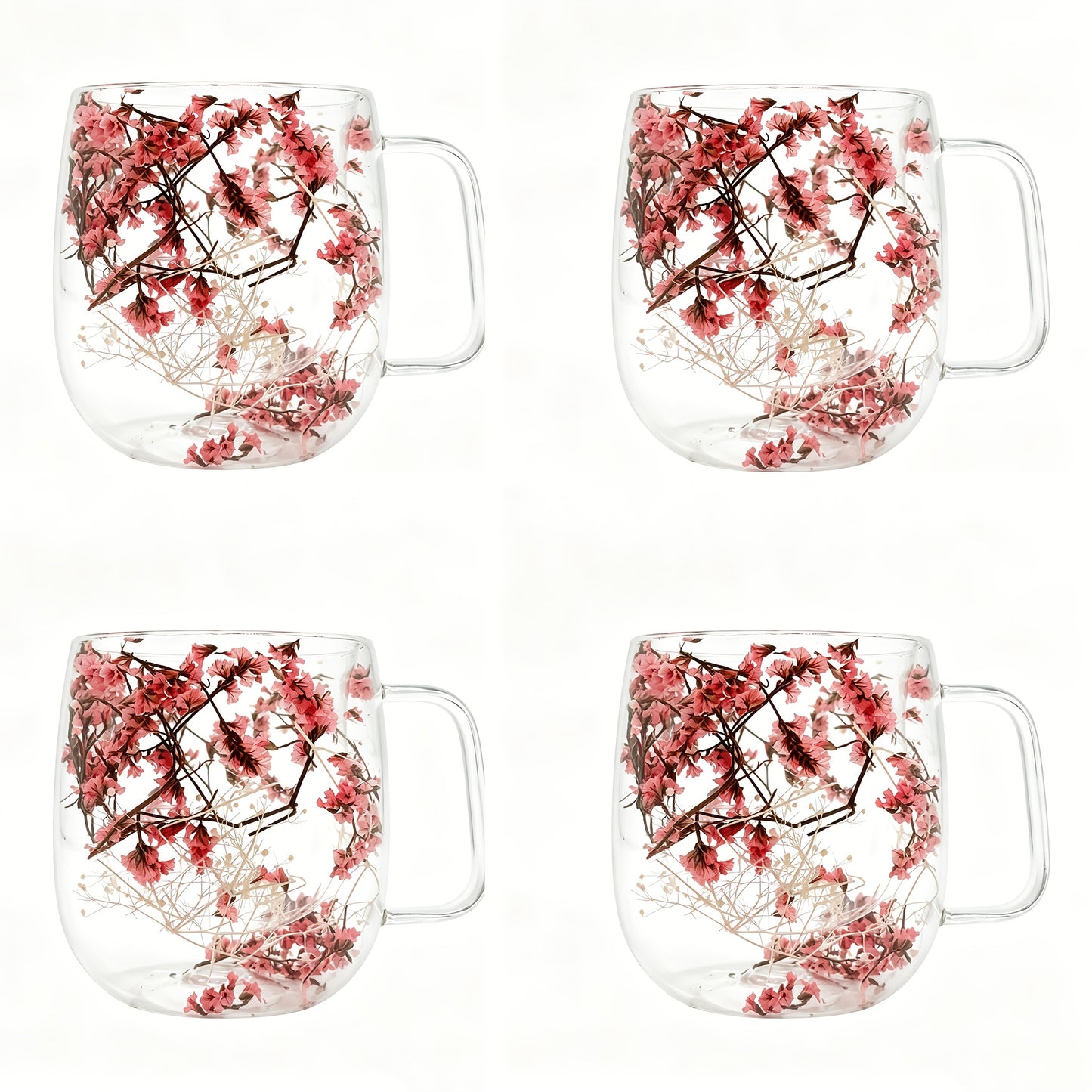 4pcs Double-Wall Glass Coffee Cups with Handle - Leakproof Suitable for Tea, Cappuccino, Latte, Dried Flower Design Thermal Mugs, Transparent Cups for, Office, Parties, Holiday Gifts (Hand Wash Only)