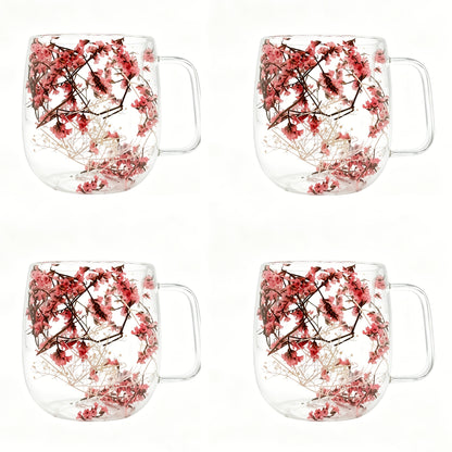 4pcs Double-Wall Glass Coffee Cups with Handle - Leakproof Suitable for Tea, Cappuccino, Latte, Dried Flower Design Thermal Mugs, Transparent Cups for, Office, Parties, Holiday Gifts (Hand Wash Only)