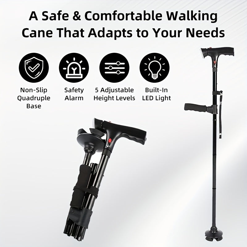 Foldable Printed Cane, Blue Red Black Printed Cane, 5-Level Height Adjustable Stick with Wrist Strap and T-Shaped Handle, Folding Cane with Strap, Portable Adjustable Lightweight Independent Stick with Packaging Box, Gift for Father and Mother