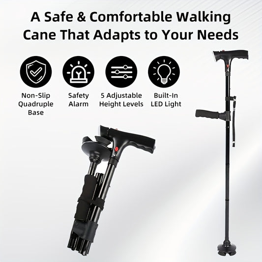 Foldable Walking Cane for Seniors Adjustable Height Folding Stick with Wrist Strap T-Handle Printed Design Portable Lightweight Mobility Aid Gift for Parents