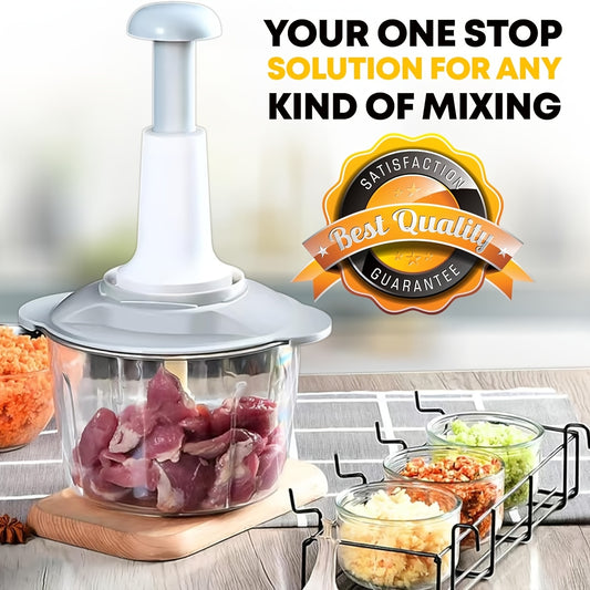 Manual Food Chopper with 2-liter Container, Down-press Vegetable and Meat Cutter, Press-type Cooking Machine, Meat Grinder, Garlic Press, Meat Mincer, Matching Food Blender, Manual Onion Press, Vegetable Cutter, Plastic Kitchen Utensil for Mincing