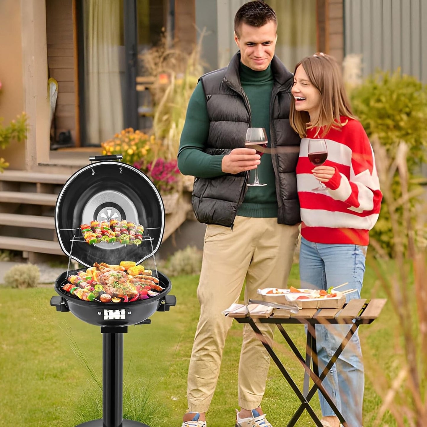 Smokeless Electric Indoor Grill with 1.12 SQ Ft Griddle & Warming Rack, Adjustable Temp 200-425°F, Vertical Design & Pull-Out Drip Pan for Steak, BBQ, Panini, Camping - Easy Clean 304 Stainless Steel