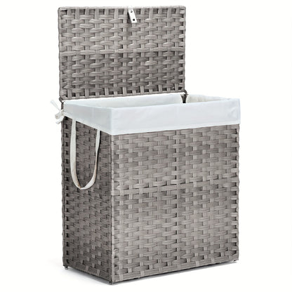 Laundry Basket with Lid 29.06gal Large Capacity Hamper Removable Machine Washable Liner Foldable Rattan Clothes Hamper Sturdy Steel Frame for Bathroom Storage Solution, Laundry Baskets