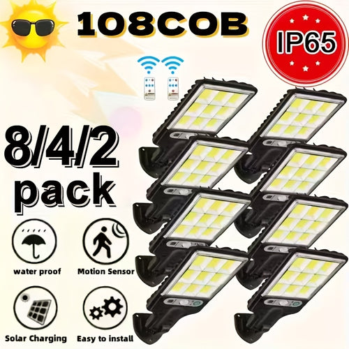 Solar Powered Street Light, 8/4/2pcs with Body Motion Sensor, 108COB Reflector LED Security Wall Lamp, with Remote Control, 3 Working Modes, for Garden Patio Porch Door Garage Spotlight, Thanksgiving New Year Christmas Gift Use-Lightup Your Home.