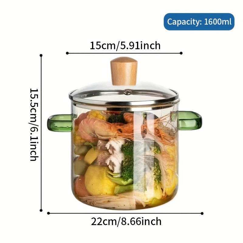 54oz Boric Acid Glass Cooking Pot with Yellow Handle, Heat-resistant Transparent Dumpling Pot, Suitable for Stove and Oven, Perfect for Homes and Restaurants, Perfect for Soup and Milk Ramen, Easier to Clean Odorless Kitchen Essentials