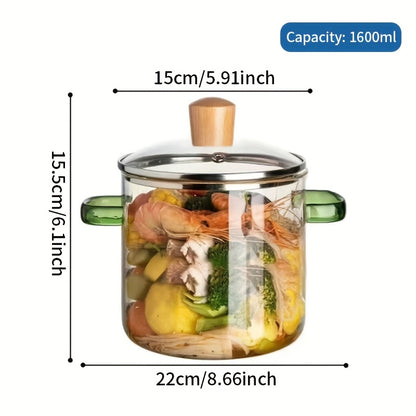 54oz Boric Acid Glass Cooking Pot with Yellow Handle, Heat-resistant Transparent Dumpling Pot, Suitable for Stove and Oven, Perfect for Homes and Restaurants, Perfect for Soup and Milk Ramen, Easier to Clean Odorless Kitchen Essentials