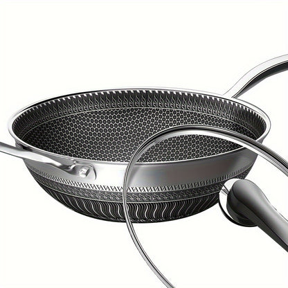 13.3 Inch Stainless Steel Wok with Lid And Spatula, Non Stick Stir-fry Pans with 2pcs Kitchen Accessories Gadgets, Kitchen Must Haves, Compatible with All Cooktops, And Closeout