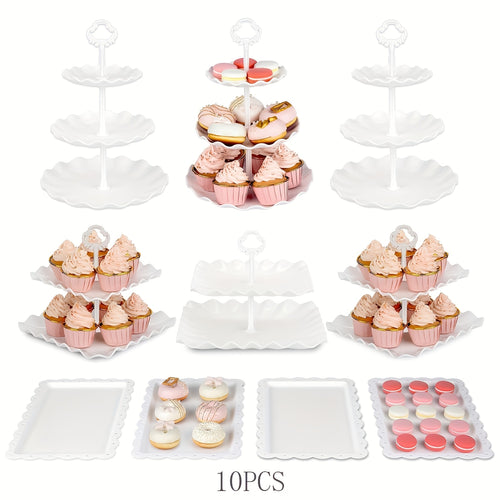 10pcs Cake Stand, Cupcake Stand with 3 Double-layer Cupcake Stands, 3 Three-layer Cupcake Stands, 4 Appetizer Trays, Suitable for Birthdays, Weddings And Other Parties