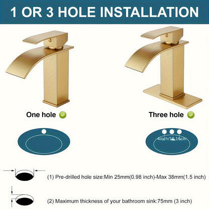 Waterfall Bathroom Sink Faucet, Single Hole or 3-Hole Mixer Tap with 6" Deck Plate, Ceramic Valve, Vanity Faucet for Farmhouse RV Bathroom, Brushed Gold Matte Black Nickel Chrome