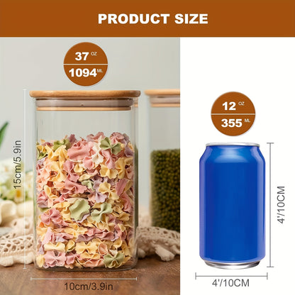 Glass Food Storage Jars 37oz 6pcs Set, Glass Storage Containers with Clear Glass Jars, Bamboo Lids, for Storing Tea, Coffee, Flour, Sugar, Candy, Cookies, Spices, Etc., Kitchen, Christmas, Halloween Candy (Square)