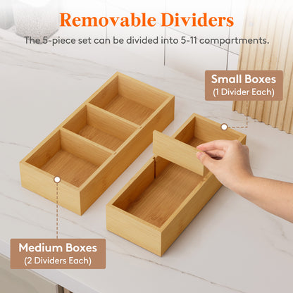 Adjustable Bamboo Wooden Drawer Dividers, Drawer Organizers, Stackable Storage Box for Utensils, Silverware, Makeup, Junk in Kitchen/Bathroom/Office/Vanity