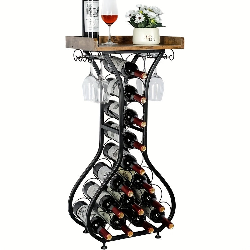 Wine Rack Freestanding Floor, Mini Bar Table Wine Holder Stand Liquor Cabinet with Glass Holder Wood Tabletop 14 Bottles Floor Wine Storage for Home Bar Kitchen Living Room