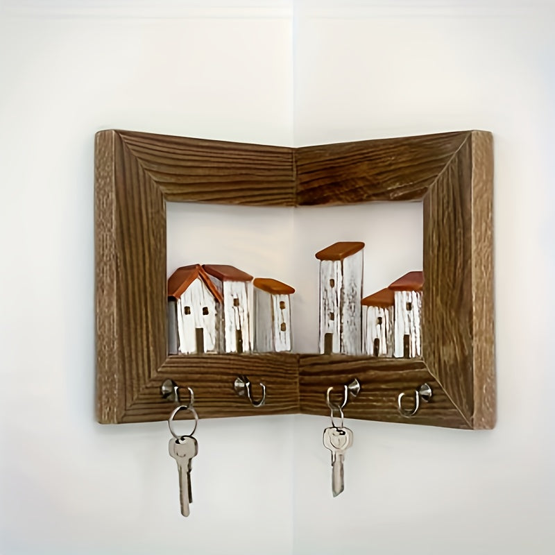 Rustic Style Wall-mounted Key Rack, Featuring 6 Rustic-style Houses, A Wall-mounted Key Holder with Hooks, Wooden Entrance Storage Rack Suitable for Bedroom, Home Wall Display, Art Wall Storage, Art And Craft Wall Display Rack,, Christmas Gift.