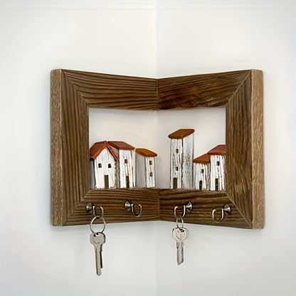 Rustic Style Wall-mounted Key Rack, Featuring 6 Rustic-style Houses, A Wall-mounted Key Holder with Hooks, Wooden Entrance Storage Rack Suitable for Bedroom, Home Wall Display, Art Wall Storage, Art And Craft Wall Display Rack,, Christmas Gift.